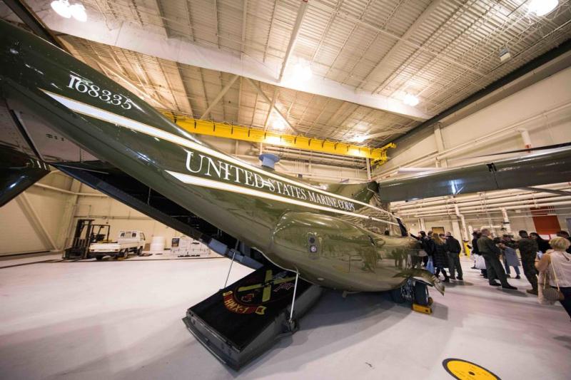 Marine One parked in a hanger where an inauguration event is being hosted in Washington DC.